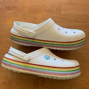Kids size 5 Crocs, rainbow banded
